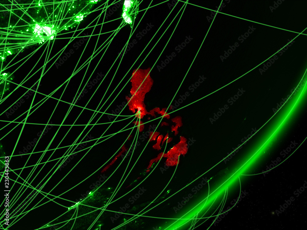 Philippines on green model of planet Earth with network at night ...