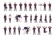 Male office worker, clerk or manager wearing business suit in various positions, moods and situations. Flat cartoon character isolated on white background. Modern colorful vector illustration.