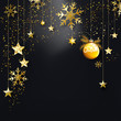 Black Christmas background with gold glitter confetti ornaments for cards, banner, party posters.
