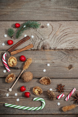 Poster - Christmas decorations on wooden background