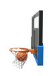 3d rendering of a basketball ball falling inside a basket attached to a transparent backboard.
