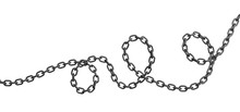 3d Rendering Of A Single Curved Metal Chain Lying On A White Background.