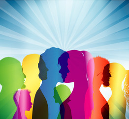 Poster - Crowd. Communication between people. Group of people. Colored shilouette profiles. Team