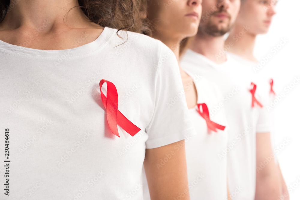 cropped image of people standing with red ribbons on white shirts isolated on white, world aids day concept - obrazy, fototapety, plakaty 
