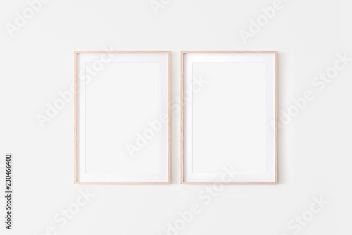 Set of 2 Wooden large 50x70, 20x28, a3,a4, frame mockup with mat on white wall. Poster mockup. Clean, modern, minimal frame. Empty fra.me Indoor interior, show text or product