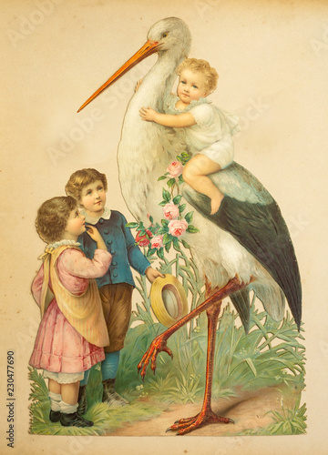 Fotografie, Obraz vintage nostalgie retro Kinder mit Storch, Klapperstorch um 1880- 1900