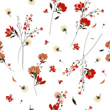 Retro Wild Flower Pattern In The Many Kind Of Flowers.Botanical  Motifs Scattered Random. Seamless Vector Texture. Elegant Template For Fashion Prints.