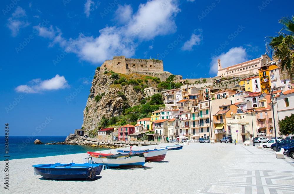 Fishing colorful boats on sandy beach, Scilla, Calabria, Italy - obrazy, fototapety, plakaty 
