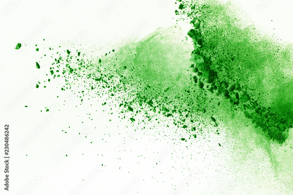abstract powder splatted background,Freeze motion of green powder exploding/throwing green dust - obrazy, fototapety, plakaty 