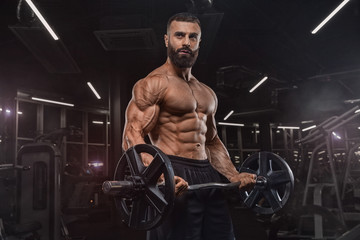 Wall Mural - Young handsome male athlete bodybuilder weightlifter with idial abdominals, doing exercises in modern gym on a dark background. Exercises for biceps. 