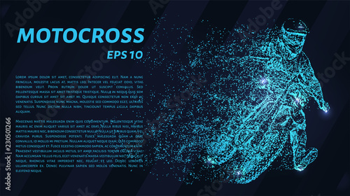 Motocross of blue glowing dots. The driver enters the turn. Billede på lærred