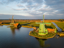 Well-preserved Historic Windmills In Zaanse Schans Near Zaandam