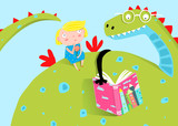 Fototapeta Dinusie - Fairy tale dragon reading a book to a girl child cartoon.