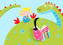 Fairy Tale Dragon Reading A Book To A Girl Child Cartoon.