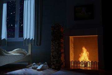 Wall Mural - 3d rendering of bedroom with fireplace at deep night