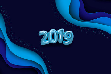 Wall Mural - Happy New 2019 Year background. Golden metallic numbers on blue paper art wavy background. Vector 3d design. Holiday poster or banner template