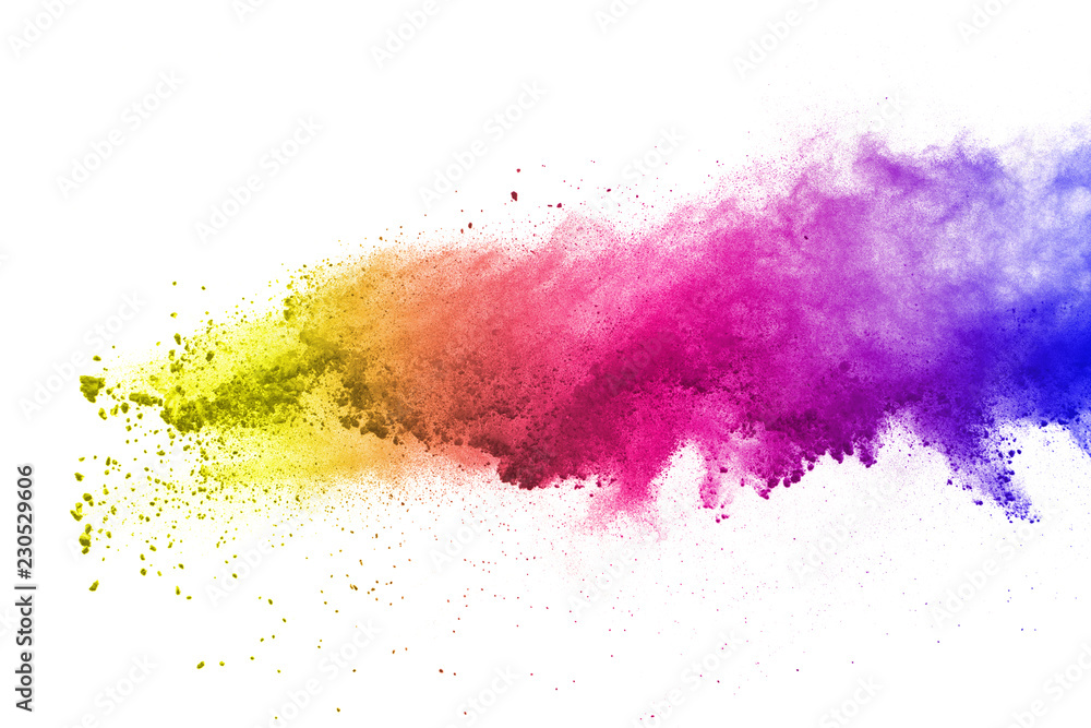 Freeze motion of colored powder explosions isolated on white background. - obrazy, fototapety, plakaty 
