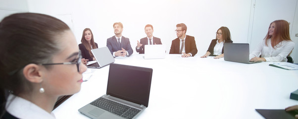 Poster - meeting of shareholders of the company at the round - table.