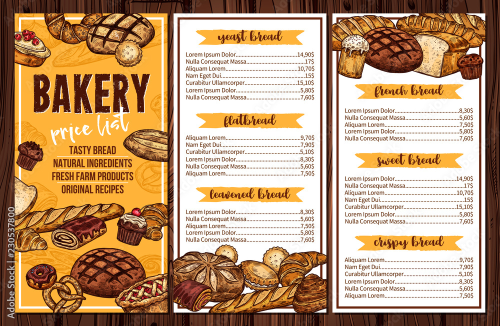 Bread, pastry and bakery vector menu Stock Vector | Adobe Stock