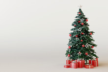 Christmas Tree With Red Gift Box On White Background. 3d Rendering