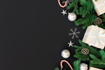 christmas decorations with gift box on black background. 3d rendering