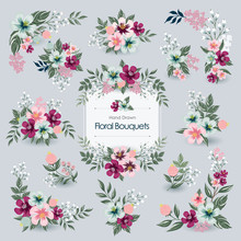 Vector Illustration Of Floral Bouquets Collection. A Set Of Beautiful Flowers And Branches For For Wedding, Anniversary, Birthday And Party. Design For Banner, Poster, Card, Invitation And Scrapbook		