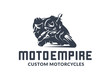Racing motorcycle logo on black background. Superbike vector monochrome emblem.