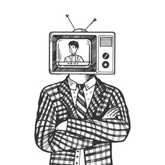 Wall Mural - TV head of man engraving vector illustration. Scratch board style imitation. Black and white hand drawn image.