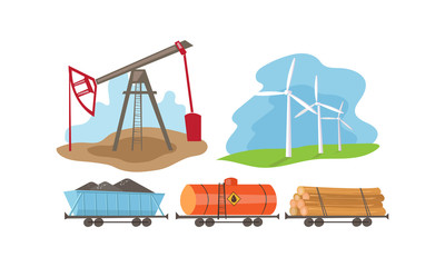 Sticker - Alternative and fossil energy sources set, extraction and processing of natural resources vector Illustration on a white background