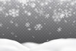 Snow flakes falling with snowdrifts isolated on transparent background. Vector christmas snowfall overlay texture, white snowflakes flying in winter air.