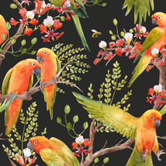 Canvas Print - Watercolor tropical parrots vector pattern