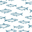 Hand Drawn Fish Vector Seamless Background Pattern. Anchovy, Herrings, and Salmons Sketches Card or Cover Template in Blue Color.