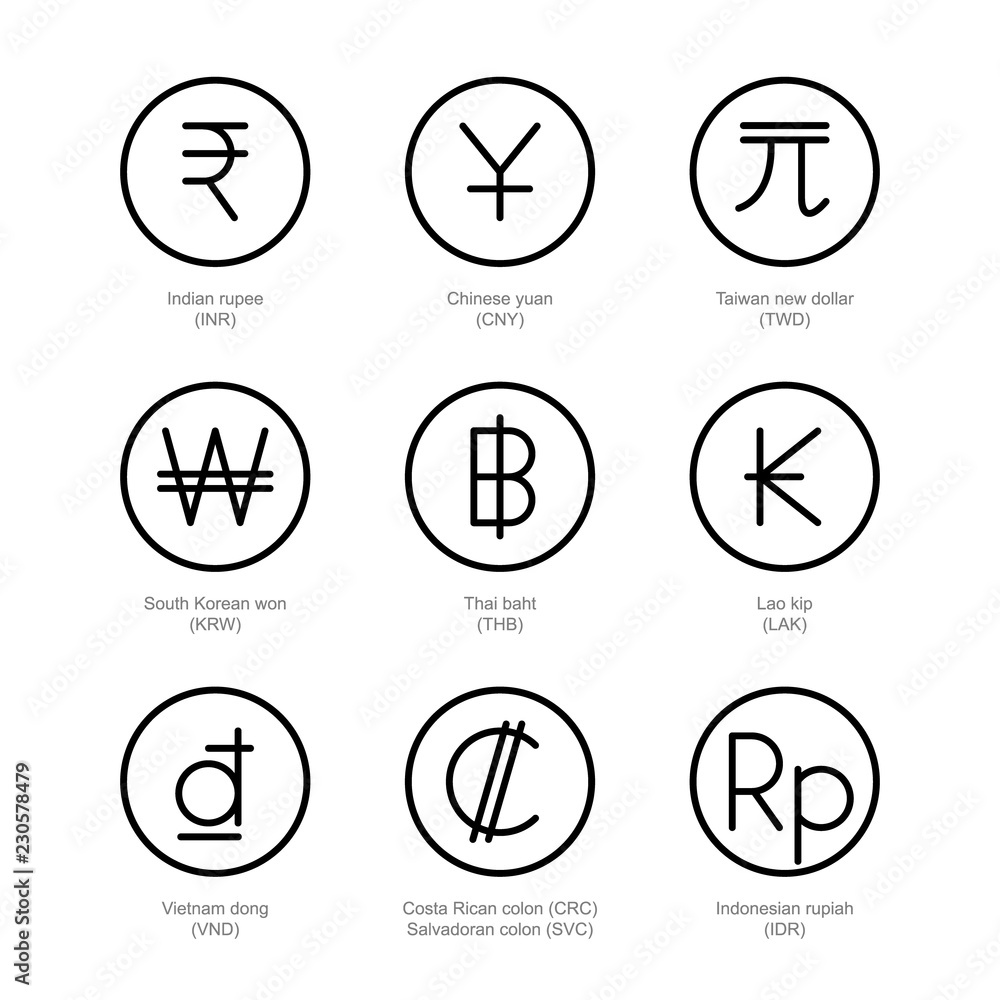 Currency exchange icons. Money line signs. Indian rupee, chinese yuan,  taiwan new dollar, south korean won, thai baht, lao kip, vietnam dong,  costa rican salvadoran colon, indonesian rupiah. 스톡 벡터 | Adobe