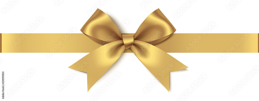 Decorative golden bow with horizontal ribbon isolated on white background. Vector illustration - obrazy, fototapety, plakaty 