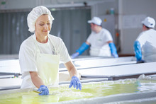 Female Worker On White Feta Cheese Production Line In An Industrial Factory