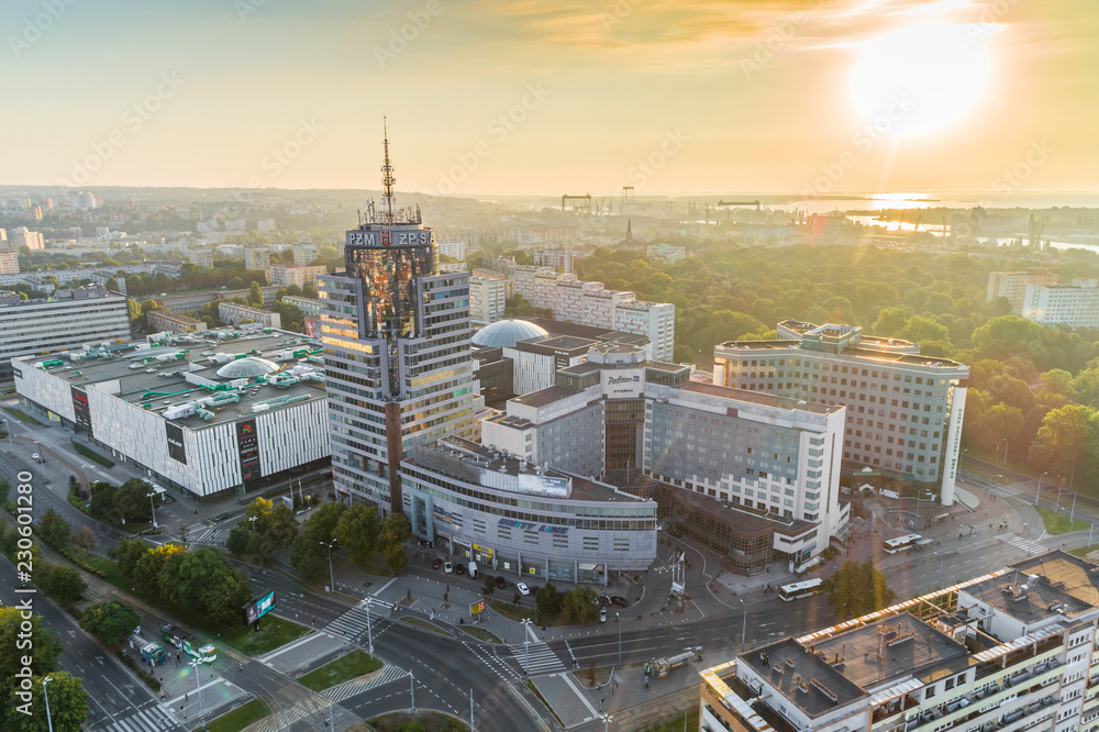 Szczecin at the sunset aerial view - obrazy, fototapety, plakaty 