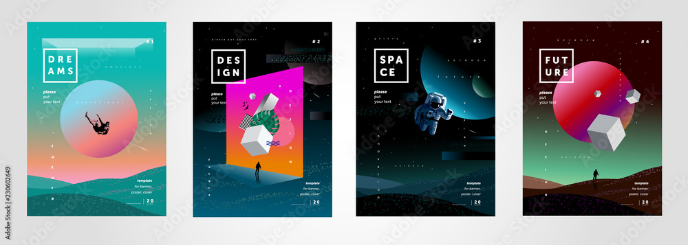 Set of vector abstract gradient illustrations,  backgrounds for the cover of magazines about dreams, future, design and space, fancy, crazy posters - obrazy, fototapety, plakaty 