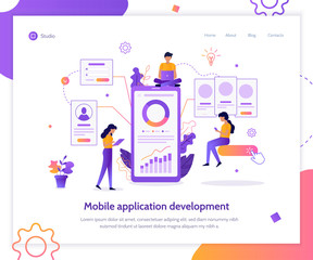 Wall Mural - modern flat vector illustration concept. mobile app development. teamwork project. web banner mockup