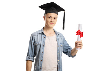 Poster - Young male college student holding a diploma