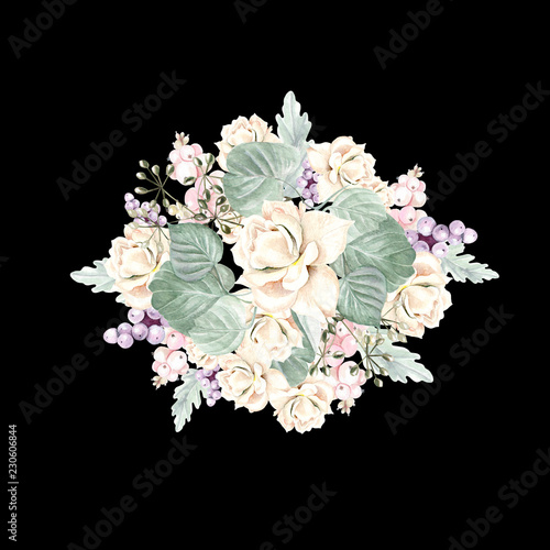 Watercolor bouquet with flowers, roses, plants, berries and leaves.