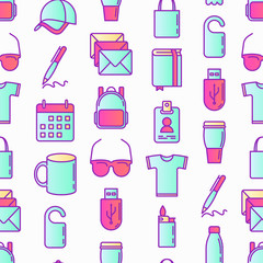 Promotional products seamless pattern with thin line icons: notebook, tote bag, sunglasses, t-shirt, water bottle, pen, backpack, cup, travel mug, usb, lighter, calendar. Modern vector illustration.