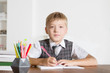 © ulza - Portrait school boy looking at camera  with the book in class.