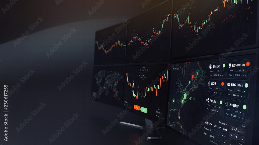 Futuristic stock exchange scene with charts, numbers and world trading map displayed on multi screens (3D illustration) - obrazy, fototapety, plakaty 