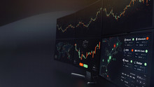 Futuristic Stock Exchange Scene With Charts, Numbers And World Trading Map Displayed On Multi Screens (3D Illustration)