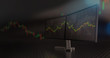 Futuristic stock exchange scene with charts, numbers and world trading map displayed on multi screens (3D illustration)