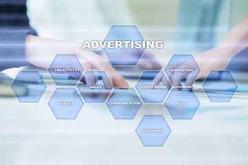 Wall Mural - avertising, marketing strategy. icons and graphs on virtual screen. business, internet and technolog