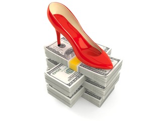 Canvas Print - High heel on stack of money