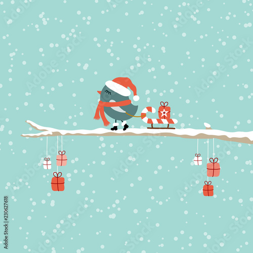 Fotografie, Obraz Bird Pulling Candy Cane Sleigh Gift On Tree Retro