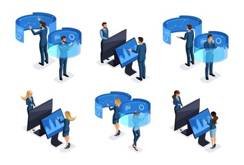 Wall Mural - isometric businessmen with gadgets, work on virtual screens, beautiful business design. front view a