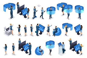 Wall Mural - isometric businessmen with gadgets, work on virtual screens, beautiful business design. front view a